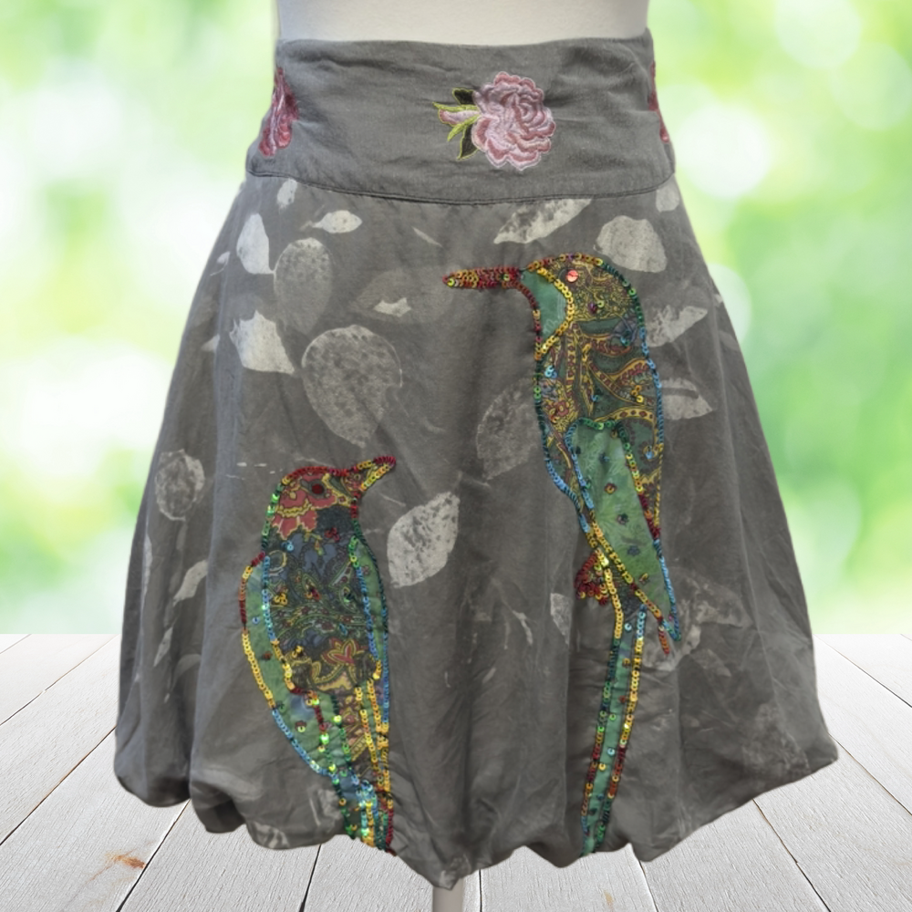 DESIGUAL Bubble Skirt Fairy Grunge Sequin Birds Floral Boho Artwear Gray Size 6